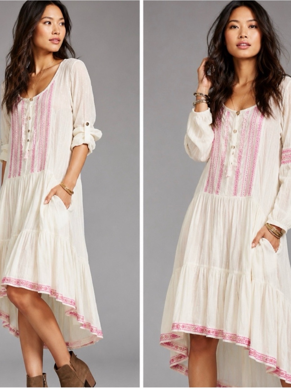 Free People Cream Tiered Midi Dress with Pink Embroidery